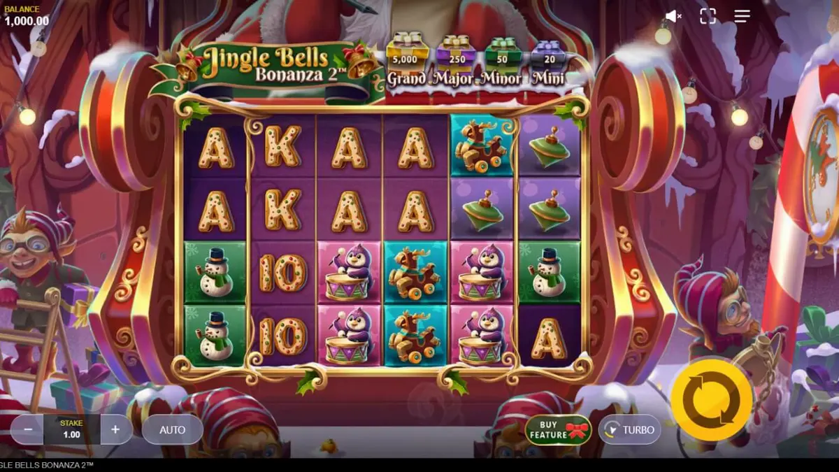 Tampilan visual slot Jingle Bells Bonanza 2 dengan tema Natal yang meriah