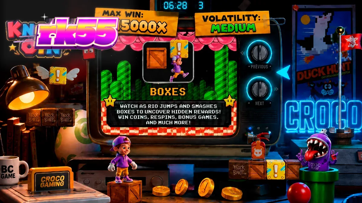 Tampilan visual retro 8-bit dari slot KNOCKOIN dengan karakter Rio